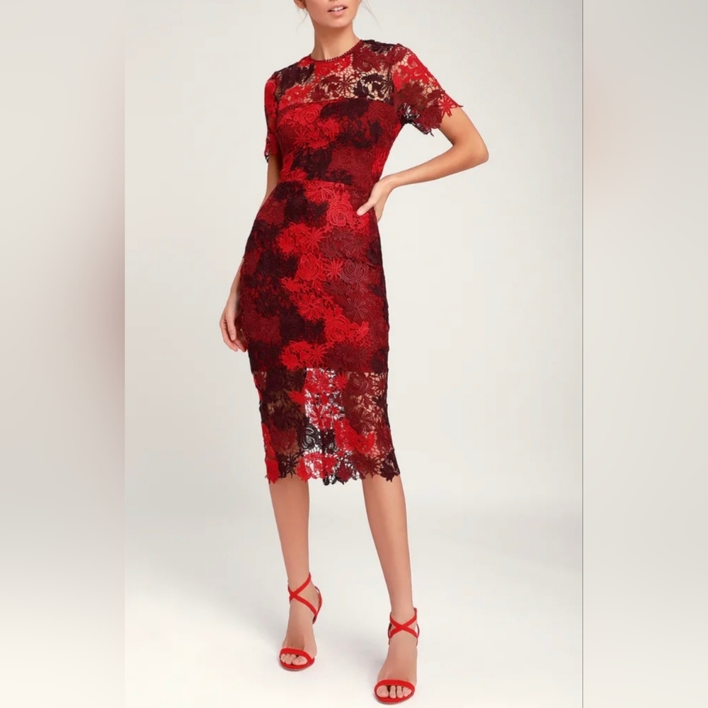 New Lulus Season Of Joy Red Multi Lace Midi Dress Size Large Sold Out Online
